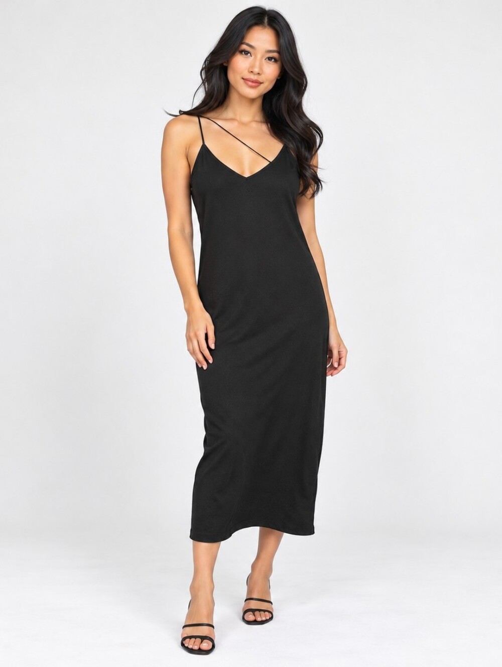 Black Maxi Spaghetti Strap Dress Large Long Bodycon V Neck Solid Color Minimalis
